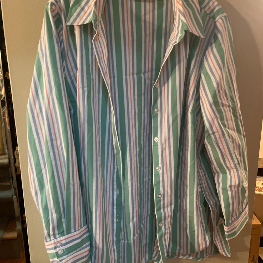 Denim & Co. Striped Green, Pink and white button down Shirt